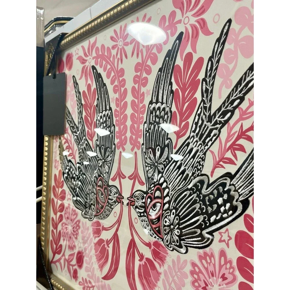 Sapna Shah Embroidered Dove Birds Eye Floral Large Gold Frame Wall Art Decor